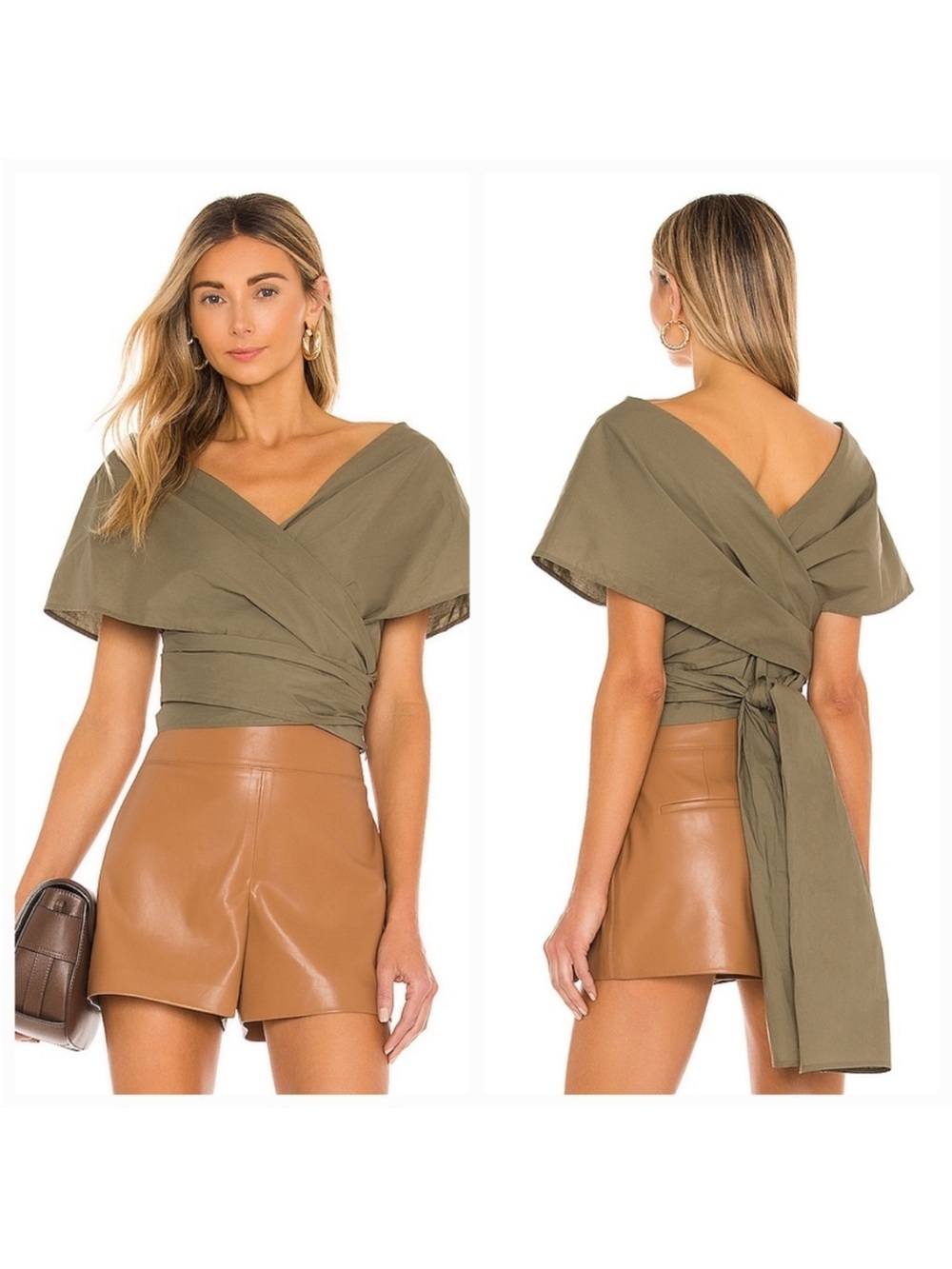 Revolve L'Academie Fantasia Top Women’s Small Olive Green Wrap Tie Blouse B12
